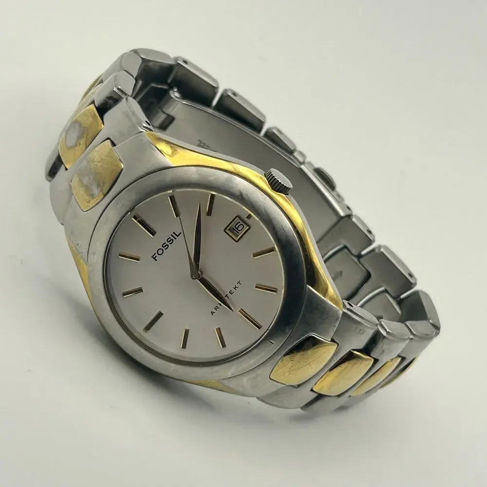 Fossil Arkitekt FS-2907 Silver Gold St. Steel Men’s Watch Working New Battery